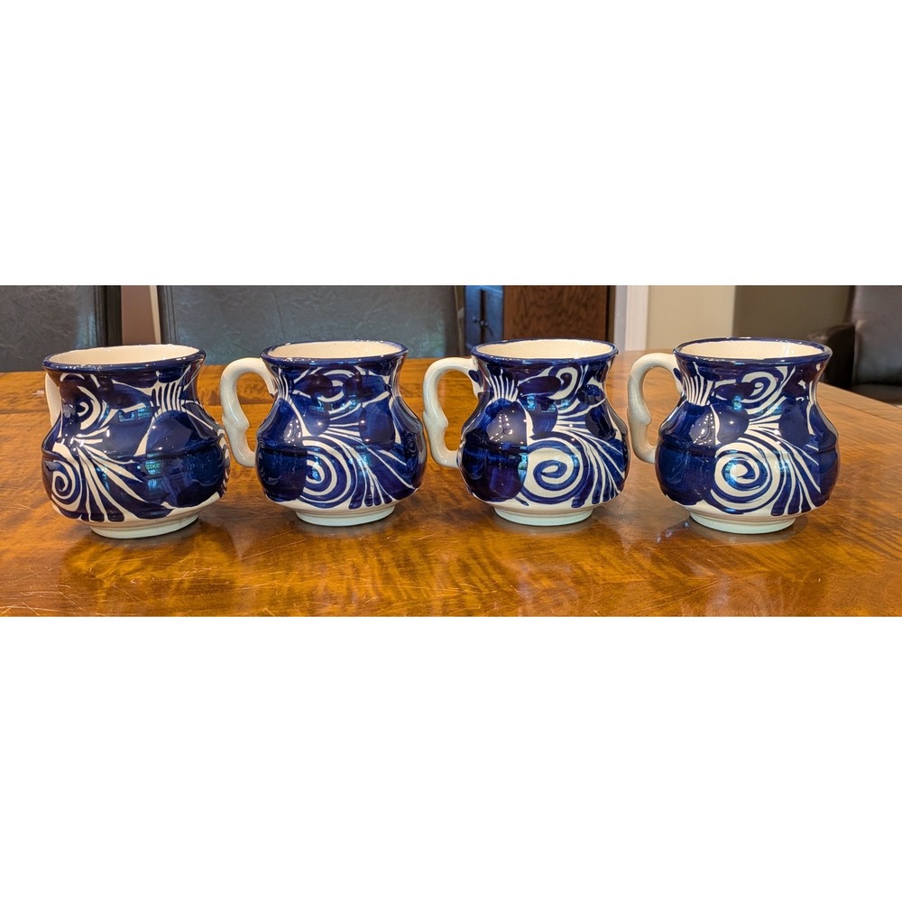 La Mexicana Talavera Taza Mexico Coffee Mug Set of 4 Brilliant Blue and White - Picture 3 of 9